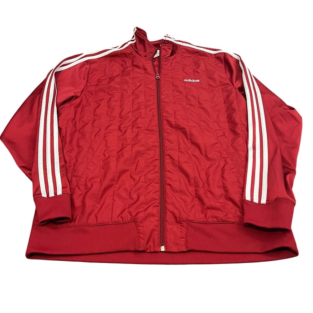 Adidas Track Jacket Mens L Red Quilted Front Full Zip 3 Stripe Sportswear
